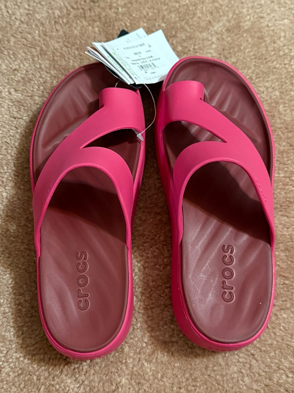 CROCS Womens Pink Slide Sandals with Maroon Footbed